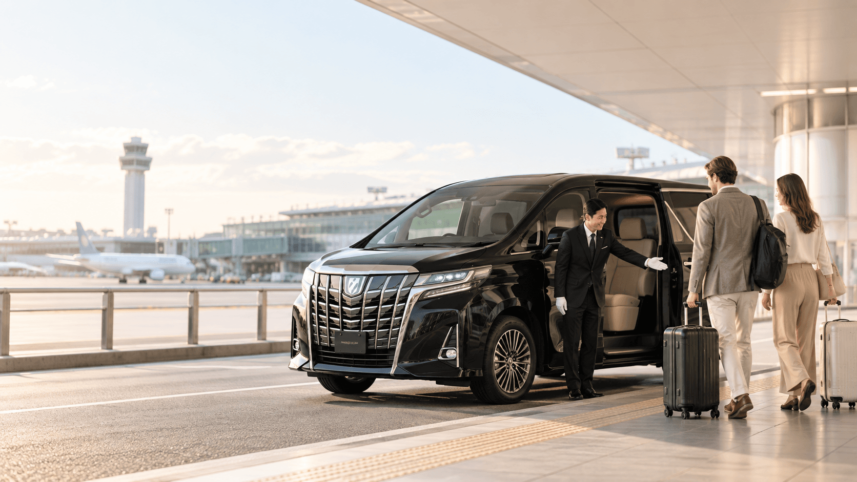 Airport service scene with a driver welcoming guests beside a private vehicle