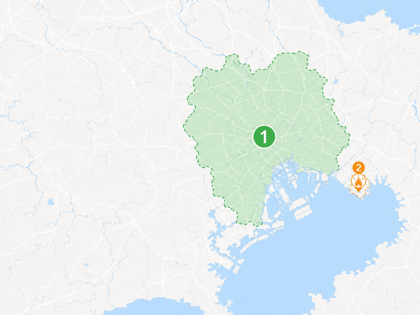 Map showing Haneda Airport, Tokyo's 23 wards, and Tokyo Disney Resort service areas.